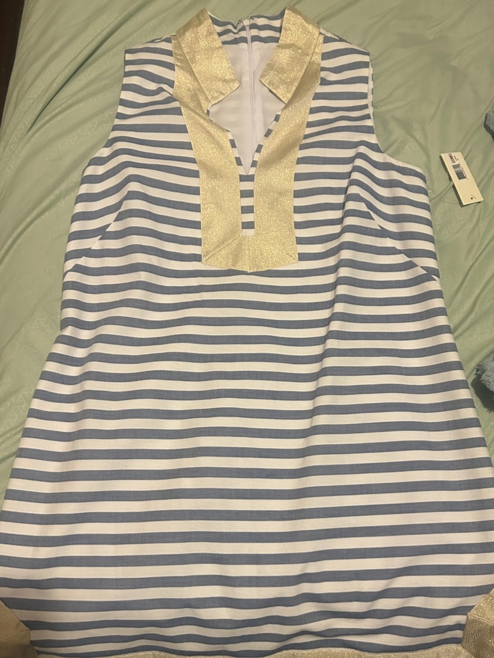 Eliza J Blue and White Striped Sleeveless Dress with Gold Trim